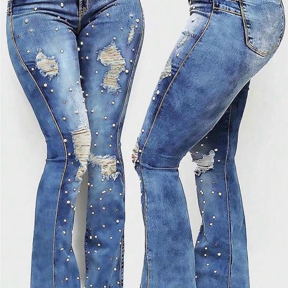 SHEIN Blue Flare Jeans with Distressed Details